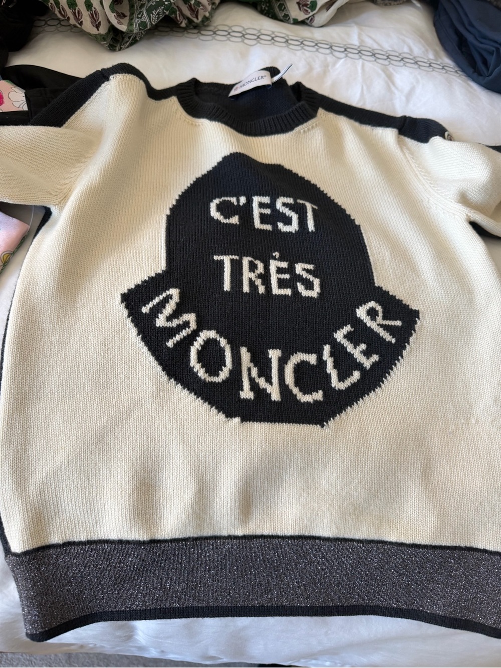 Moncler Cream and Black Kids Logo Knit Sweater